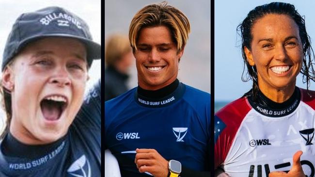 Professional surfers Isabella Nichols, Morgan Cibilic and Sally Fitzgibbons ahead of the 2023 WSL Challenger Series. Photo: supplied.