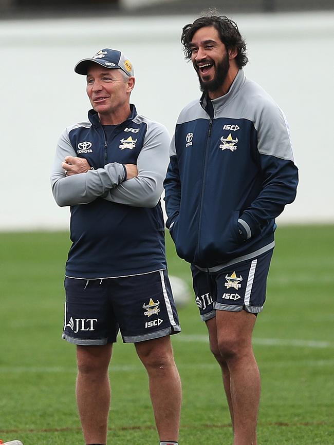 Coach Paul Green with Johnathan Thurston during a North Queensland Cowboys training session at Leichhardt Oval ahead of the NRL Grand Final. Picture. Phil Hillyard