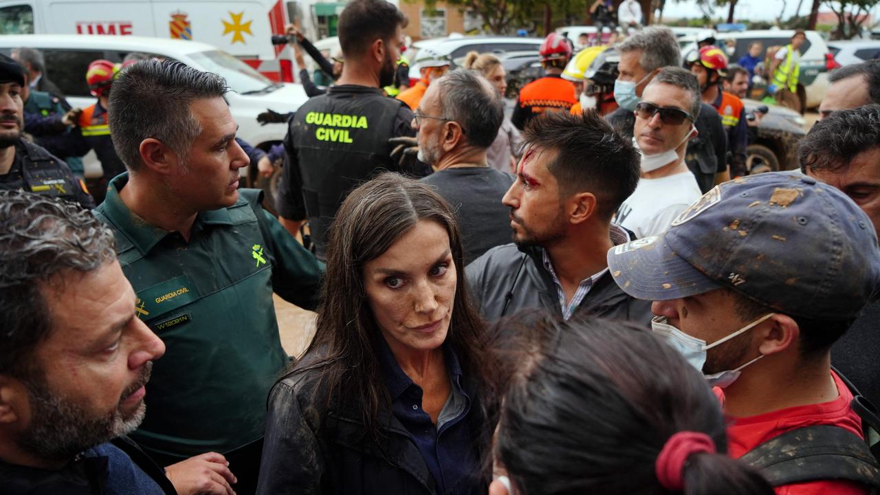 Spain’s Queen Letizia of Spain was part of the delegation and spent an hour trying to talk to residents of the town of Paiporta, the worst hit by the disaster. Picture: Manaure Quintero/AFP