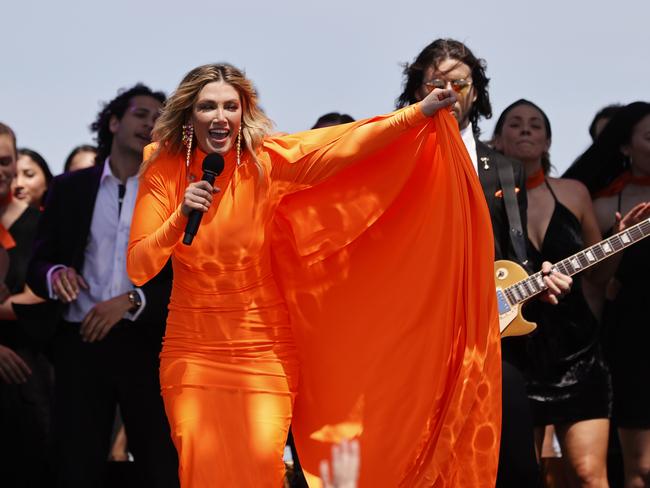 Delta Goodrem sings during her performance at Flemington. Picture: Alex Coppel