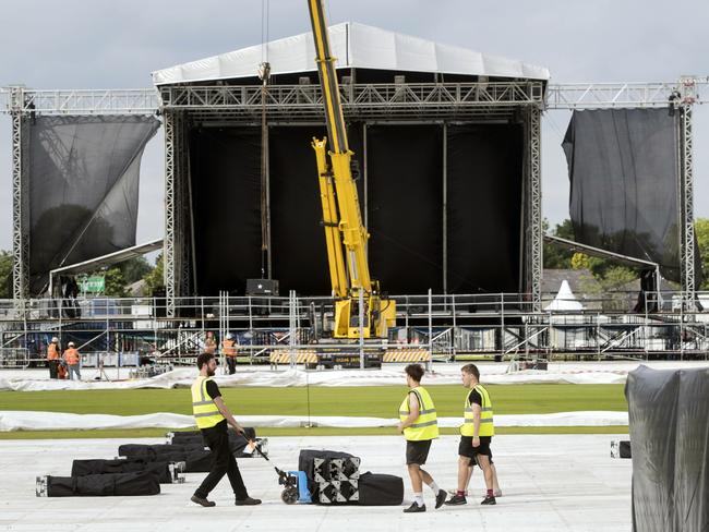 Preparations take place ahead of Ariana Grande's One Love Manchester concert, at the Emirates Old Trafford cricket ground, in Manchester, England. Picture: Danny Lawson / PA via AP