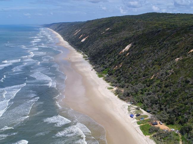 Aerial drone photos of Teewah Beach, Great Sandy National Park, Queensland.