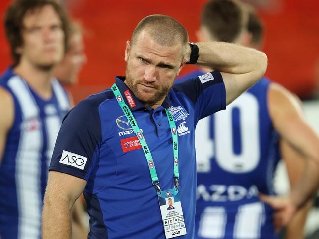 AFL Round 18. 17/09/2020.  North Melbourne vs West Coast Eagles at Metricon stadium, Gold Coast.  North Melbourne assistant coach Leigh Adams . Pic: Michael Klein