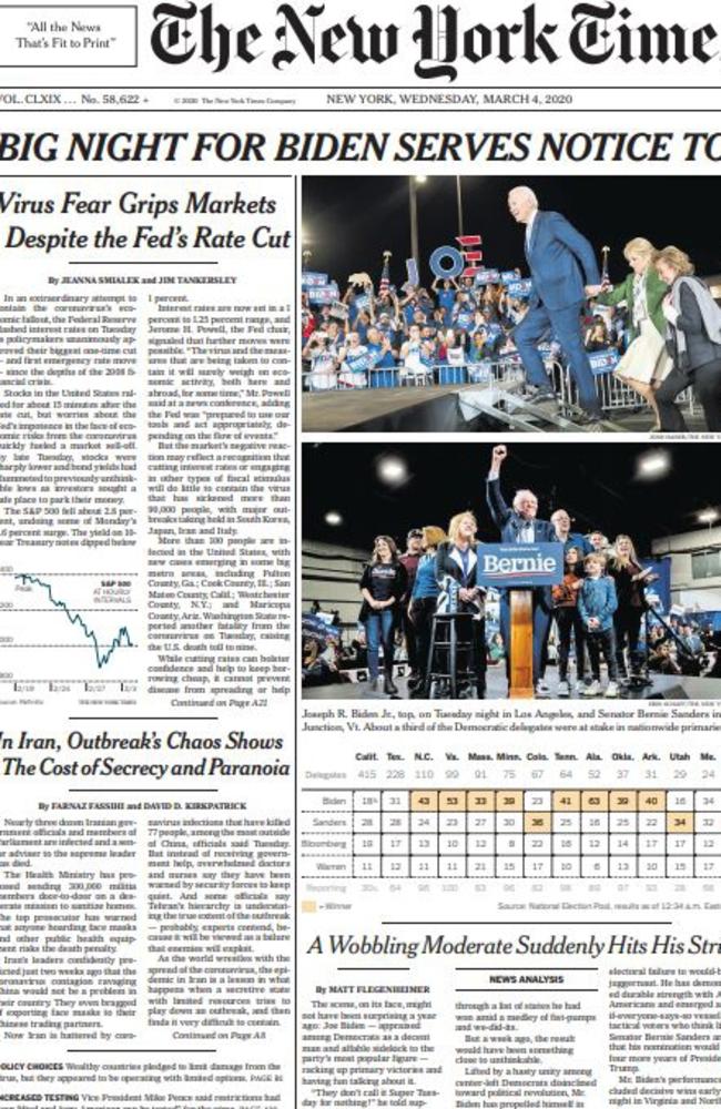 The New York Times front page after Super Tuesday. Picture: NYT