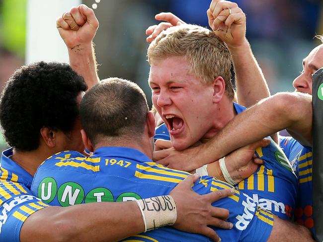 Parramatta's Daniel Alvaro celebrates a try with teammates. Picture Gregg Porteous