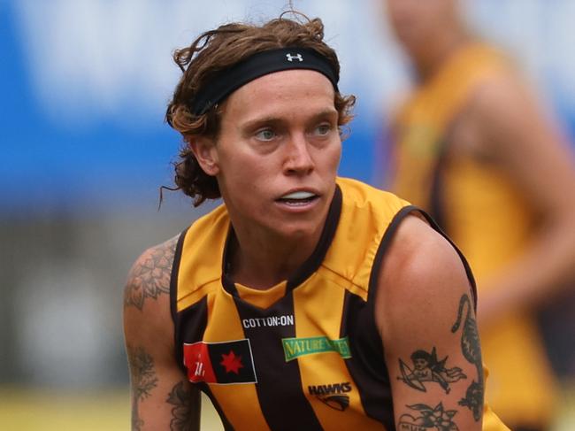 MELBOURNE, AUSTRALIA - OCTOBER 19: Tilly Lucas-Rodd of the Hawks in action during the round eight AFLW match between Hawthorn Hawks and Greater Western Sydney Giants at Kinetic Stadium, on October 19, 2024, in Melbourne, Australia. (Photo by Daniel Pockett/Getty Images)