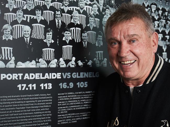 Greg Phillips poses for a picture at Port Adelaide Football Club in Alberton, where he's helping the club find old photos of past players, Wednesday, Sept. 18, 2019. Picture: MATT LOXTON