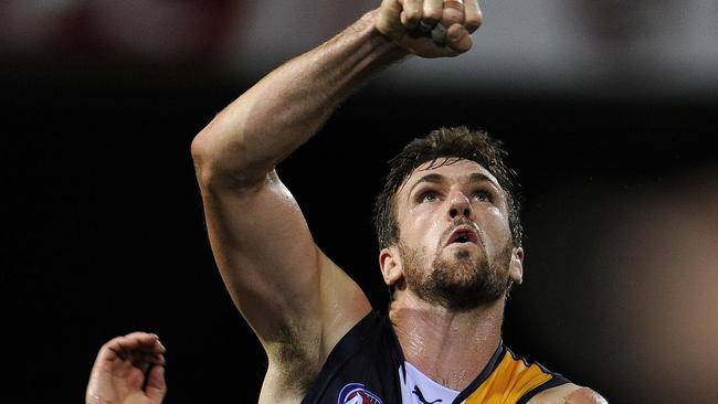  AFL NAB CUP - Fremantle Dockers vs West Coast Eagles at Patersons Stadium, Perth. PICTURED- Eagle Eric Mackenzie spoils the ...