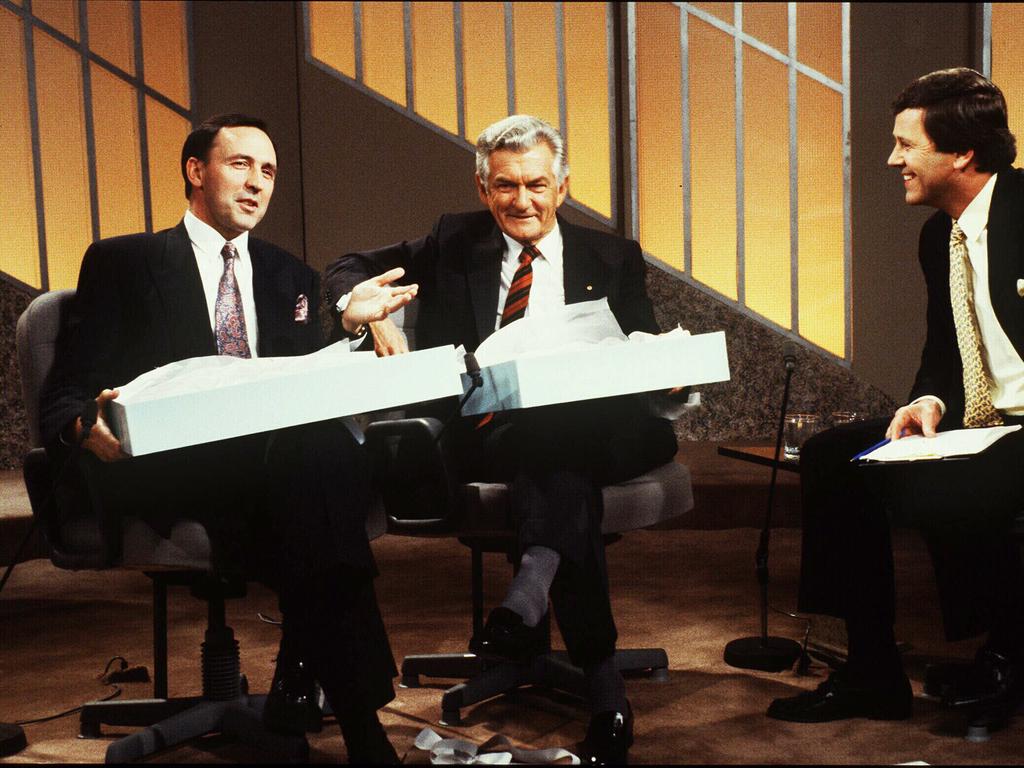 Prime Minister Bob Hawke (C) and Treasurer Paul Keating (L) interviewed by host Ray Martin on the TV show 'Midday', during the 1989 election campaign.