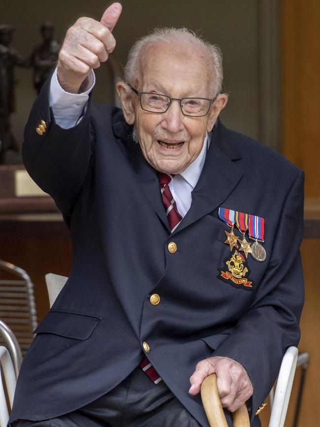 Tom Moore after he was issued with The Yorkshire Regiment Medal and appointed Honorary Colonel at his home in Marston Moretaine, England. Picture: AP