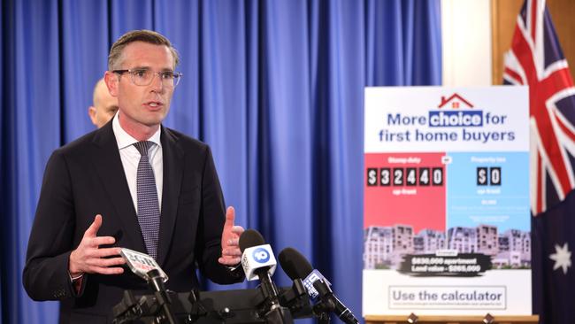 Premier Dominic Perrottet at a press conference about stamp duty reform at NSW Parliament. Picture: Damian Shaw