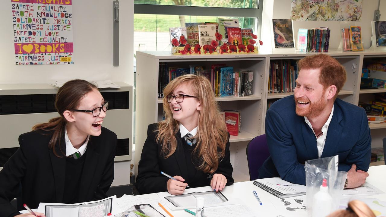 Prince Harry joked with the students as they chatted about mental health and emotional wellbeing. Picture: AFP/Eamonn M McCormack