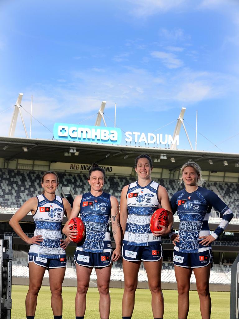 Geelong AFLW players Chantel Emonson, Julia Crockett-Grills, Jackie Parry and Georgie Prespakis showcase the Cats’ Indigenous jumpers, which they will wear in round 9 and 10. Picture: Alison Wynd