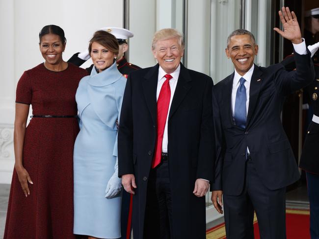 President Barack Obama and first lady Michelle Obama stand with incoming President Donald Trump and his wife Melania Trump at the White House on January 20, 2017, in Washington. Picture: AP