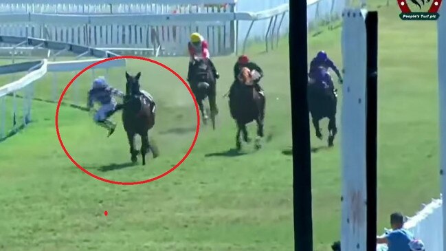 Alvinio Roy fall off his horse while leading a race in Mauritius last Saturday. Picture: Facebook