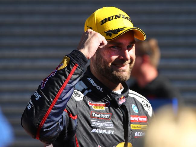 BATHURST, AUSTRALIA - FEBRUARY 28: Shane van Gisbergen driver of the #97 Red Bull Ampol Holden Commodore ZB celebrates after winning race two of the Mount Panorama 500 which is part of the 2021 Supercars Championship, at Mount Panorama on February 28, 2021 in Bathurst, Australia. (Photo by Robert Cianflone/Getty Images)