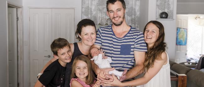 Jacque Antwis donated breast milk to the Qld Milk Bank after the death of her baby son Edison at age 10 days. The Antwis family (L-R) Bailey, Jacque, Charlotte, Edison, Nathan and Samantha. Picture: Emma Shaw