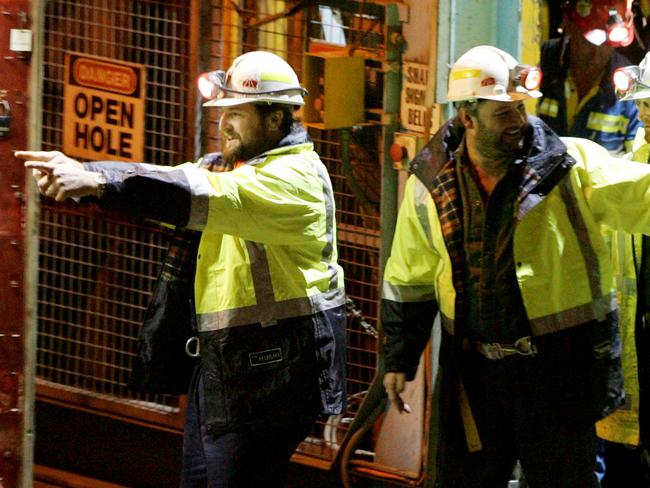 Tasmanian miners Todd Russell and Brant Webb after being trapped underground at the Beaconsfield gold mine for 14 days. Picture: Getty