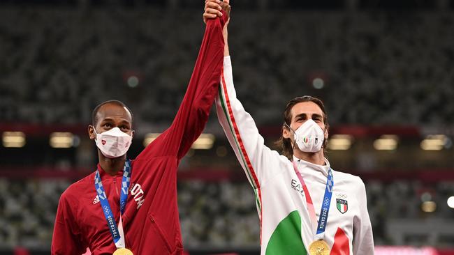 Mutaz Essa Barshim and Gianmarco Tamberi shared gold. Picture: AFP