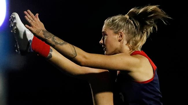 Tayla Harris kicks during a training session with the Melbourne Demons. Picture: Dylan Burns/AFL Photos via Getty Images