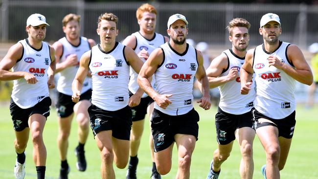 Port Power players during a training session at Alberton Oval last month. Picture: AAP Image/Mark Brake