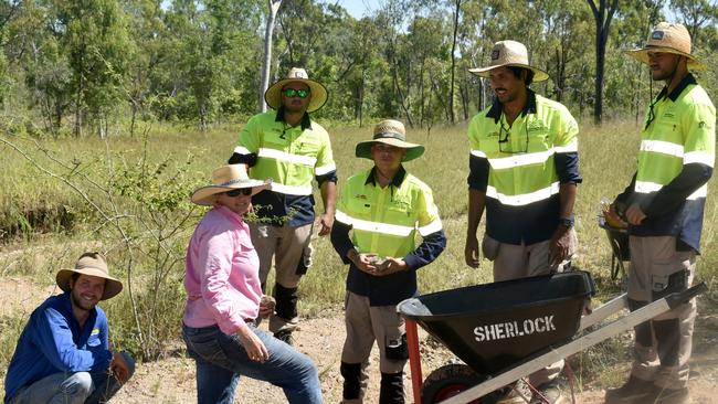 Three Big Rivers team members and NQ Dry Tropics staff fixing gullies during a visit to Virginia Park Station, Charters Towers. Pictured are NQ Dry Tropics senior project officer grazing Josh Nicholls, NQ Dry Tropics grazing team leader Linda Anderson and Three Big Rivers team members Waylon Sam, Gary Kyle, Sam Savage and Rheardan Cobbo.