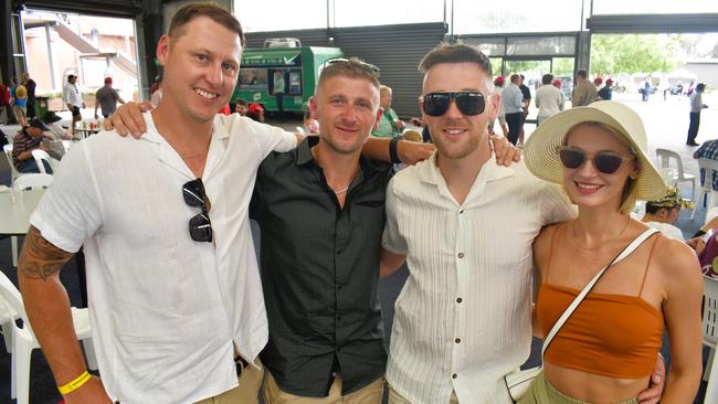 Shannon Bruton, Lachie Cox, Stuart Callow and Julia Okruzhnova enjoying all the action at the Ladbrokes Cranbourne Cup on Saturday, November 23, 2024. Picture: Jack Colantuono