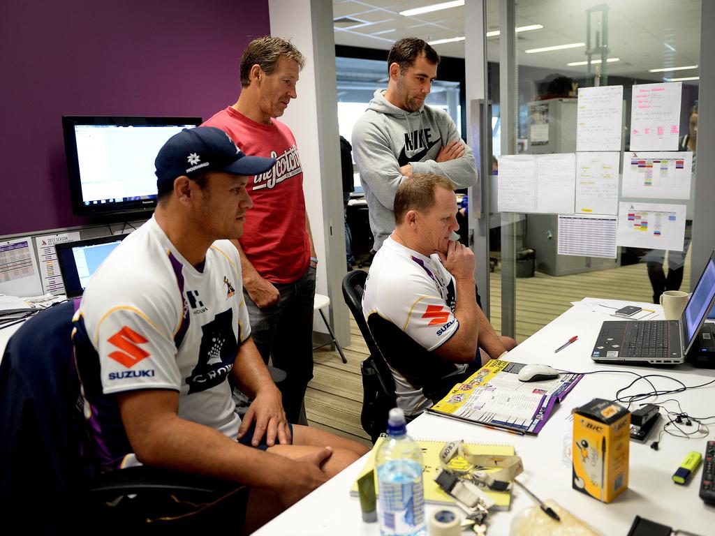 Sacked Broncos coach Kevin Walters was once an assistant to Craig Bellamy at the Melbourne Storm. (L to R) David Kidwell, Craig Bellamy, Cameron Smith and Kevin Walters.