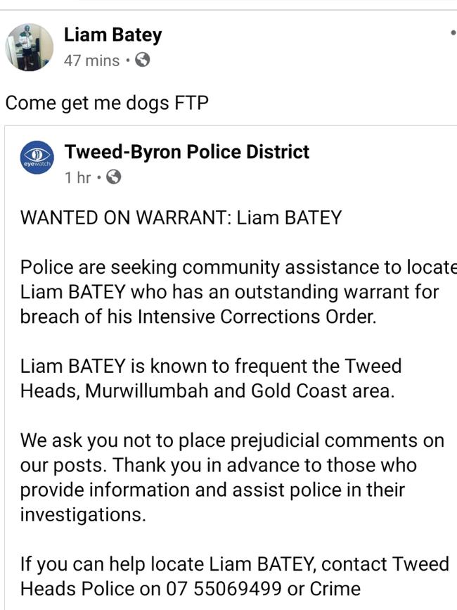 Liam Batey shares Tweed-Byron Police District post about man with same name wanted on warrant.