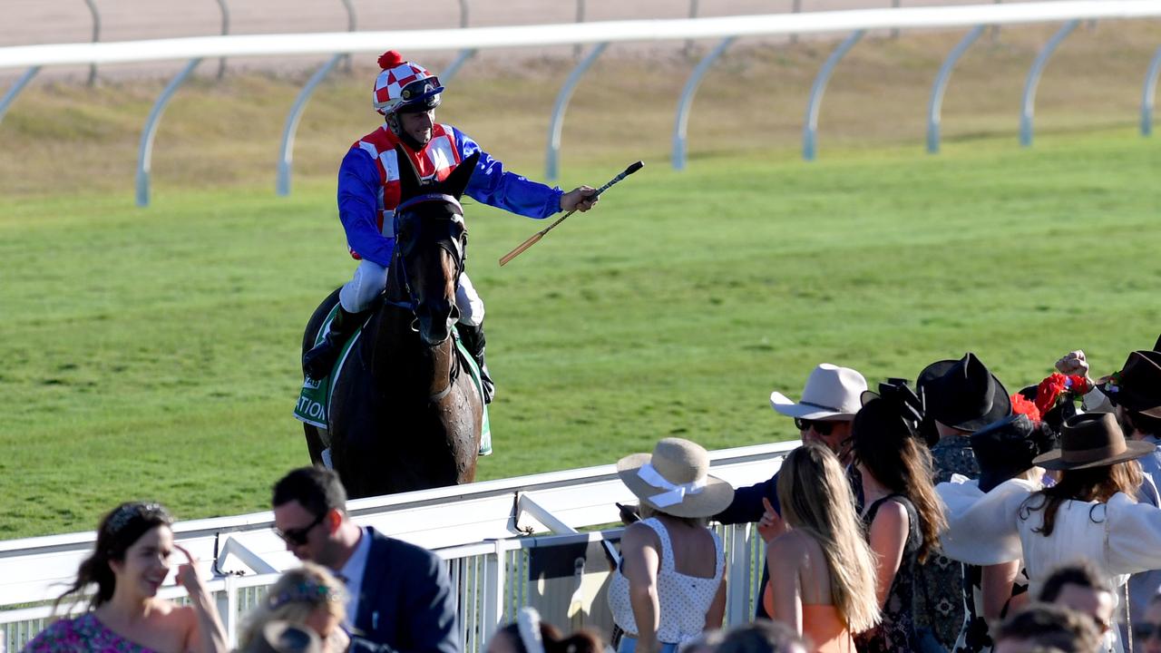 Jockey Scott Sheargold wins the 2021 Townsville Cup on Fortification. Picture: Evan Morgan