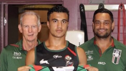 Joseph Suaalii with Wayne Bennett and John Sutton after signing with South Sydney