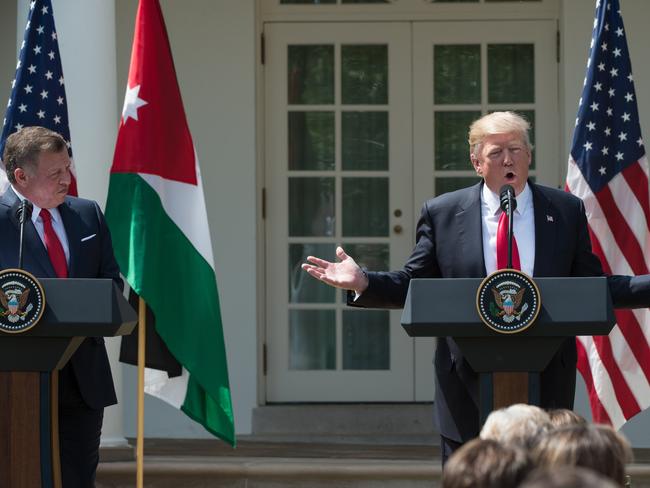US President Donald Trump speaks alongside Jordan's King Abdullah II. Picture: AFP/Nicholas Kamm