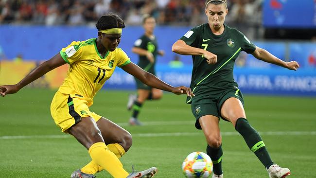 Jamaica's Khadija Shaw evades Matildas defender Stephanie Catley and looked dangerous. Pic: AFP