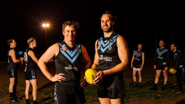 Blackfriars Old Scholars coach Jarrad O’Riley with player Matt Brincat. O’Riley said the club was excited to be entering division five for season 2022. Picture: Morgan Sette