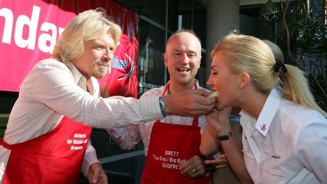 Sir Richard Branson and CEO Brett Godfrey at Virgin Blue's Bowen Hills head office to celebrate its 9th birthday.