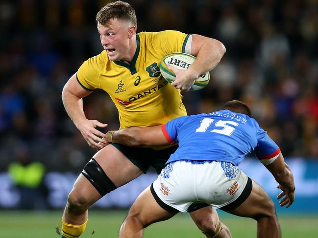 SYDNEY, AUSTRALIA - SEPTEMBER 07: Jack Dempsey of the Wallabies is tackled by Tim Nanai-Williams of Samoa during the International Test match between the Australian Wallabies and Manu Samoa at Bankwest Stadium on September 07, 2019 in Sydney, Australia. (Photo by Jason McCawley/Getty Images)