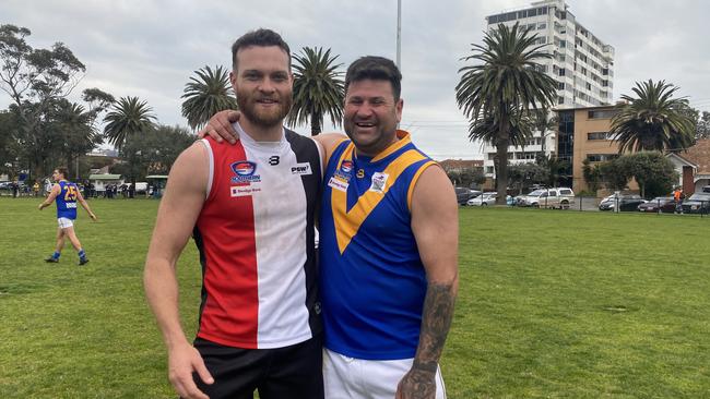 Matthew O'Sullivan and Marc Holt after the game at the Peanut Farm. Picture: Paul Amy