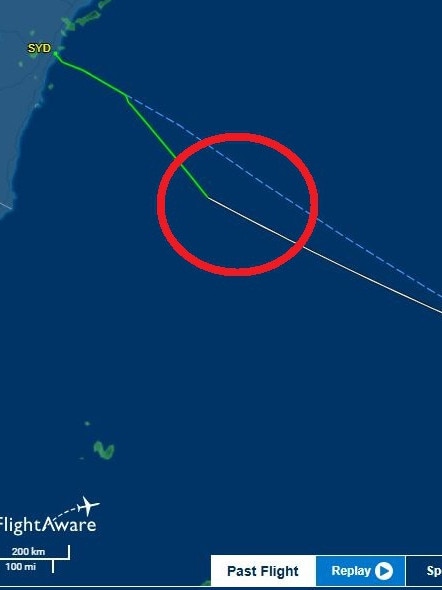 The diversion an Emirates flight had to perform over the Tasman Sea as a result of the military exercises. Picture: Supplied / FlightAware.