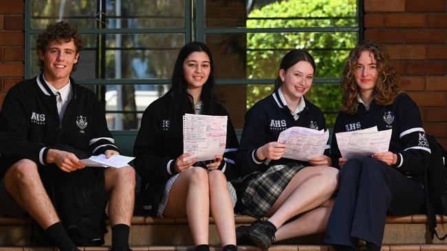 Adelaide High School students (L-R) Finn, Pranati, Elia and Elsa coming out of the first year 12 exam of the period. Photo: Naomi Jellicoe