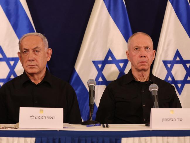 Mr Netanyahu held a joint press conference with Israel’s Defence Minister Yoav Gallant. Picture: AFP