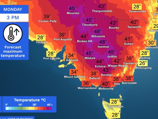 Monday will be particularly hot for residents in South Australia, Victoria and southern NSW Picture: Bureau of Meteorology