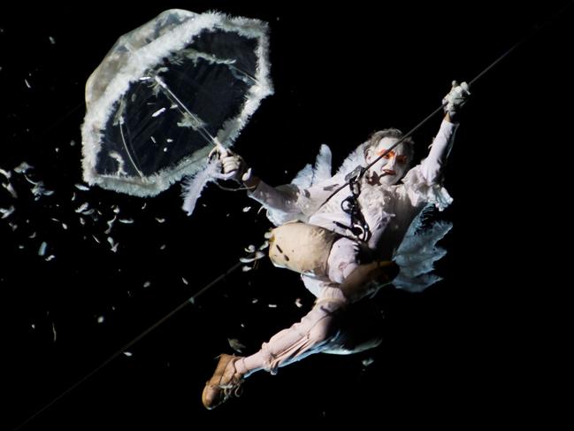 Angels descending. Gratte Ciel (France) performing 'Place des Anges' above the crowd at WOMADelaide 2018. pic: Rob Sferco