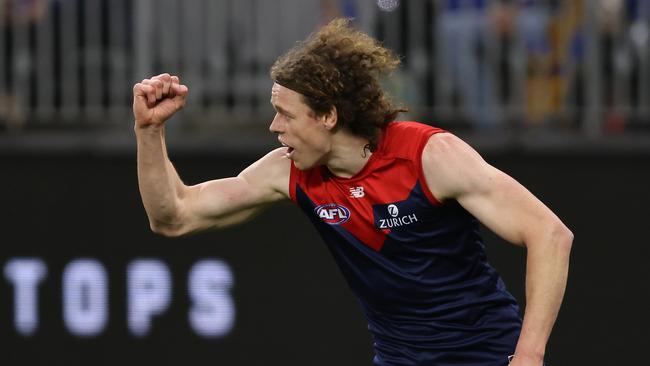 PERTH, AUSTRALIA – AUGUST 09: Ben Brown of the Demons celebrates a goal during the round 21 AFL match between West Coast Eagles and Melbourne Demons at Optus Stadium on August 09, 2021 in Perth, Australia. (Photo by Paul Kane/Getty Images)