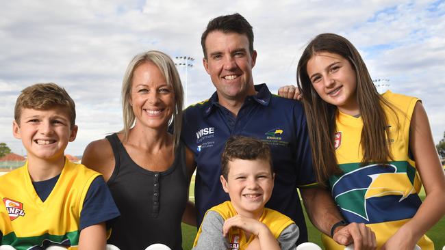 Eagles Premiership coach Jade Sheedy with wife Kelly and children Will 12, Max 8 and Ava 13 together at Woodville Oval. Picture: Tricia Watkinson