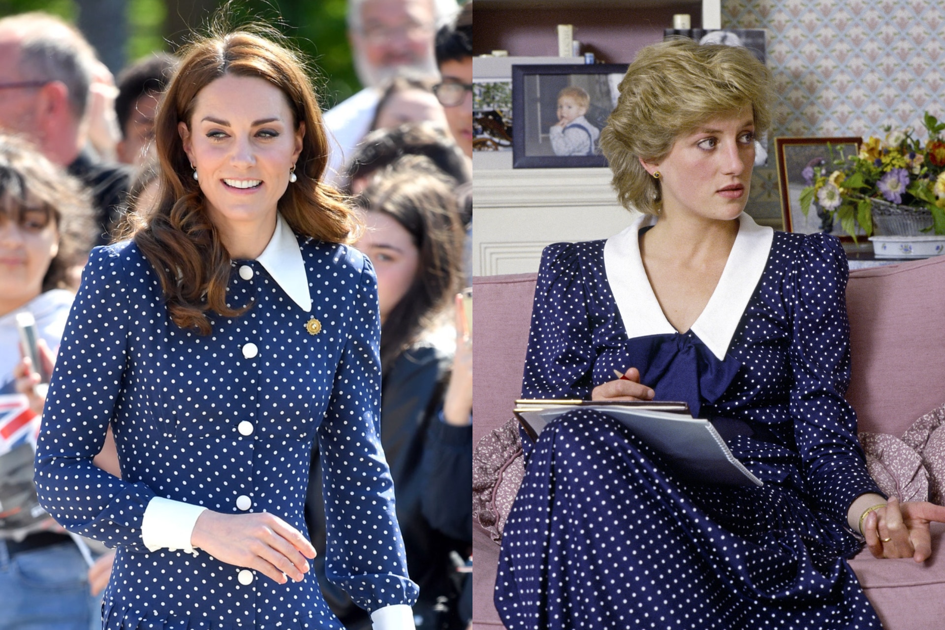 <h2>Princess Kate (2019) and Princess Diana (1985)</h2><p>The Duchess of Cambridge's beloved polka dot dress by Alessandra Rich, which she's reworn many a time, is eerily similar to a dress Princess Diana herself wore in 1985, at her home in Kensington palace, right down to the deep shade of blue, and the contrasting white collar.</p>