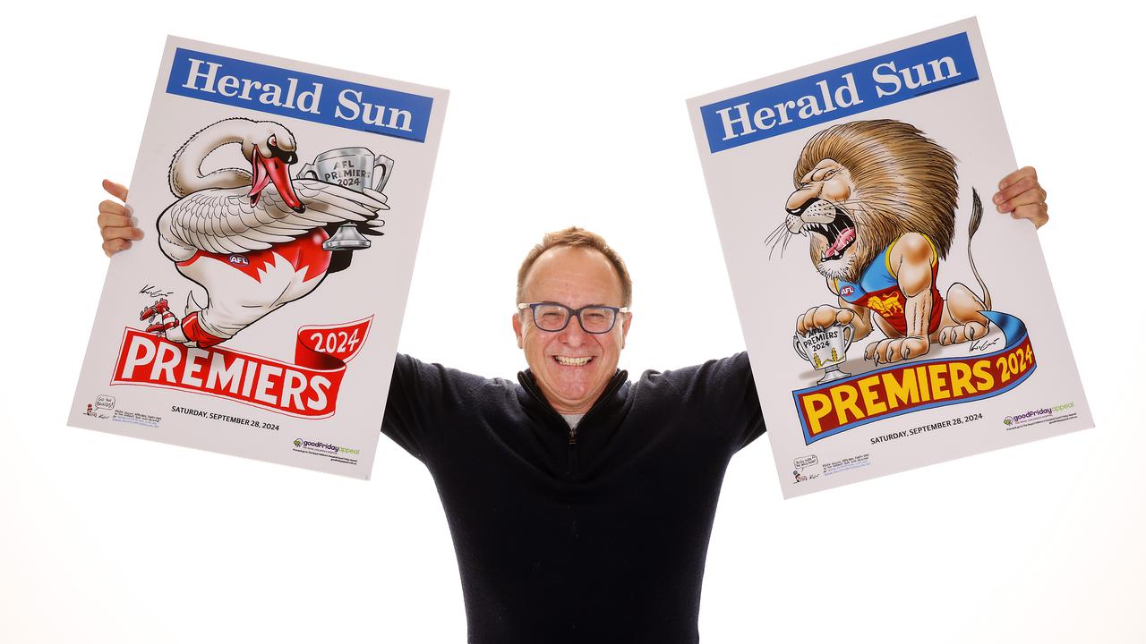 Herald Sun cartoonist Mark Knight with his 2024 AFL Premiership Posters of the Sydney Swans and the Brisbane Lions. Picture: Ian Currie