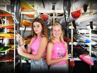 PADDLERS: Makaeli Adler, 15, and Nirvana Le rRux, 16, at the Coolum Surf Club. Photo Patrick Woods