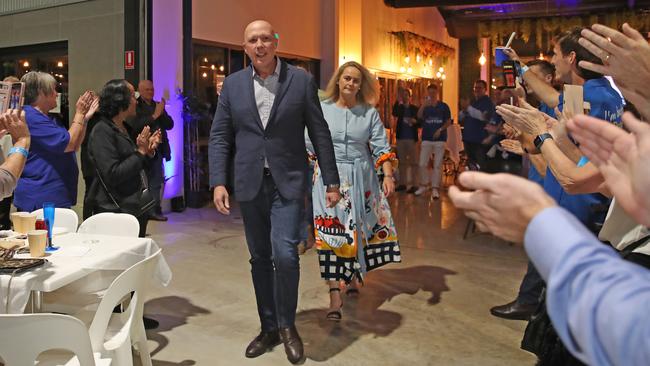 Supporters greet Peter Dutton with applause at his election night party. Picture: Zak Simmonds