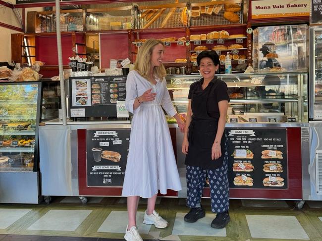 Georgia Ryburn at Mona Vale Bakery while out talking to small business owners. Picture: Supplied