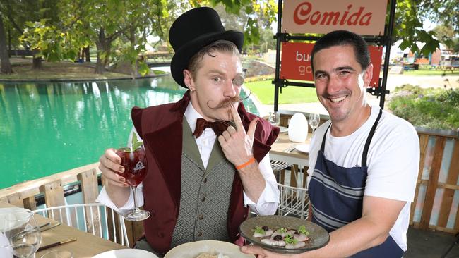 Gluttony artist Sebastian Rideaux (Mr Marmalade) with Comida owner/chef Brad Sappenberghs at Comida Buena Onda, in Rymill Park. Picture: Dean Martin